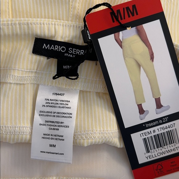 Mario Serrani Yellow & White Seersucker Stripe Pull On Cropped Pants Size M New - Picture 5 of 6